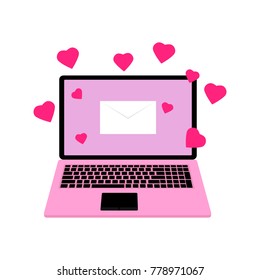 The laptop with the hearts. Congratulation to St. Valentine's day. a congratulatory email.