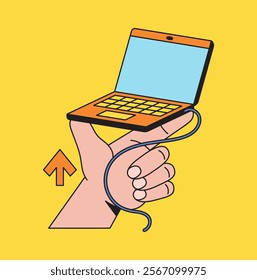 Laptop held by check list finger hand cartoon hand with cable wrapped around drawn illustration