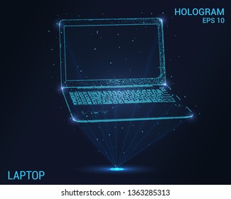 The laptop is a hologram. Holographic projection laptop. Flickering energy flux of particles. The scientific design of the laptop