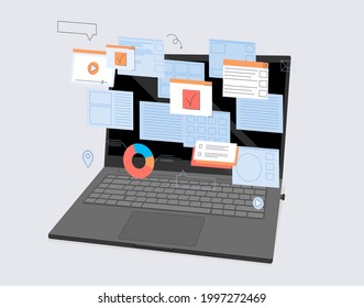 Laptop with holograms. Vector illustration cartoon flat design 