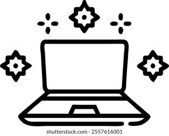 Laptop with Holographic Rangoli Symbols concept as A laptop placed on a white surface with holographic Rangoli symbols floating around it. The scene is brightly lit with plenty of room for copy space.