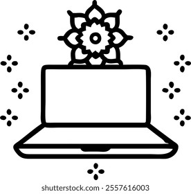 Laptop with Holographic Rangoli Symbols concept as A laptop placed on a white surface with holographic Rangoli symbols floating around it. The scene is brightly lit with plenty of room for copy space.