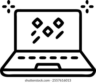 Laptop with Holographic Savings Symbols concept as A modern laptop on a glossy white surface with holographic symbols representing savings floating above the keyboard. The image has a clean minimalist