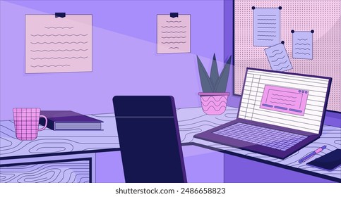 Laptop home office desk 2D cartoon background. Workspace late night colorful aesthetic vector illustration, nobody. Cubicle corporate job. Workstation table sticky notes flat wallpaper art, lofi image