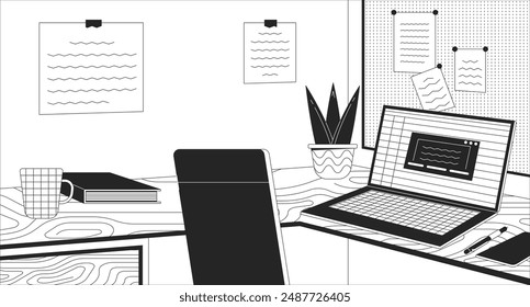 Laptop home office desk outline 2D cartoon background. Workspace late night linear aesthetic vector illustration. Cubicle job. Workstation sticky notes flat wallpaper art, monochromatic lofi image