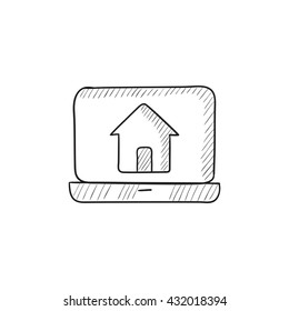 Laptop with home on the screen vector sketch icon isolated on background. Hand drawn Laptop with home on the screen icon. Laptop with home on the screen sketch icon for infographic, website or app.
