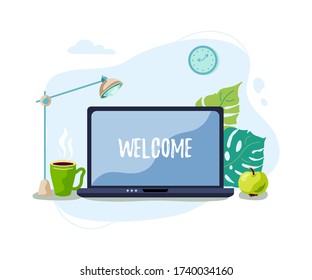 Laptop with hot drink mug, green apple, lamp. Work place concept. Place for text. Flat cartoon style vector illustration.