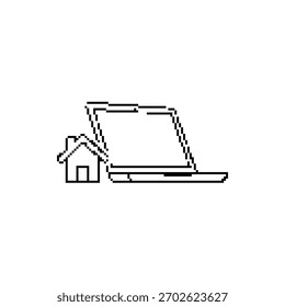 Ordenador portátil con el icono de la casa. Trabajo remoto, trabajo en línea y lugar de trabajo