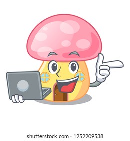 With laptop house mushroom in isolated on mascot