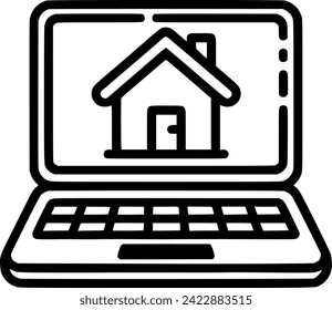 Laptop with house on screen line icon, outline vector sign, linear sign, symbol, vector, art