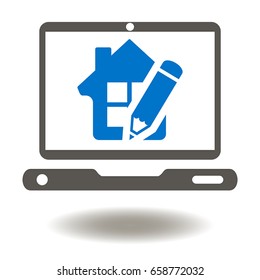 Laptop House Pencil Vector Icon. Building Information Modeling (BIM) Business Industrial Real Estate Development Designing Construction Web Computer.