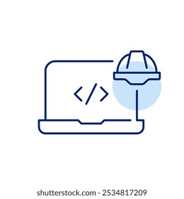 Portátil con símbolo html y casco. Desarrollo de Web frontal, sitio en construcción. Icono de Vector perfecto de píxeles