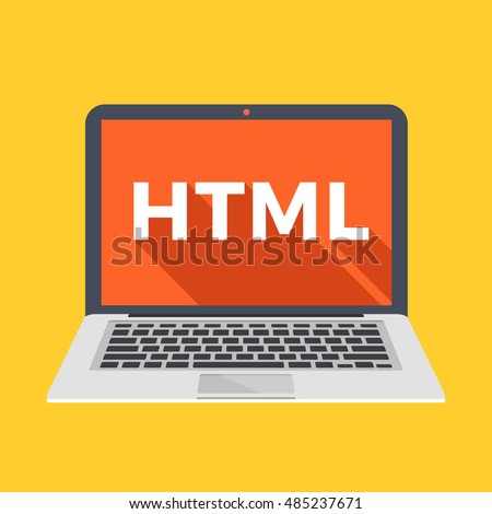 Laptop with HTML word on screen. Learn HTML, web development and web design, programming, coding concepts. Trendy long shadow flat design. Colorful creative graphic elements. Vector illustration