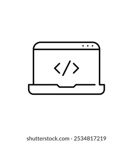 Laptop HTML workspace for coding on the go. Web design and front-end development. Remote work. Pixel perfect, editable stroke icon
