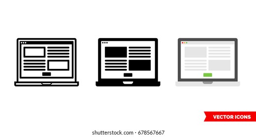 Laptop icon of 3 types: color, black and white, outline. Isolated vector sign symbol.