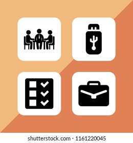 laptop icon. 4 laptop set with usb, portfolio, work and business meeting vector icons for web and mobile app