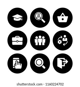 laptop icon. 9 laptop set with work, seo and web, portfolio and logout vector icons for web and mobile app