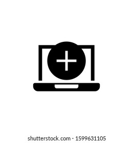Laptop icon with add sign icon in black flat on white background, Notebook icon and new, plus, positive symbol 