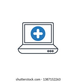 Laptop icon with add sign. Notebook icon and new, plus, positive symbol 