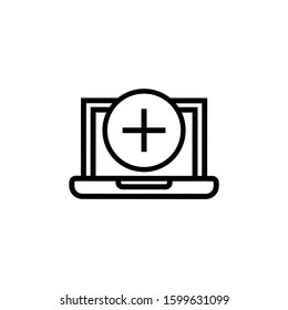 Laptop icon with add sign icon in outline style on white background, Notebook icon and new, plus, positive symbol 