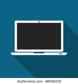 Laptop icon with blank screen isolated on blue background with shadow. Notebook symbol for web site design, logo, app. Vector illustration.