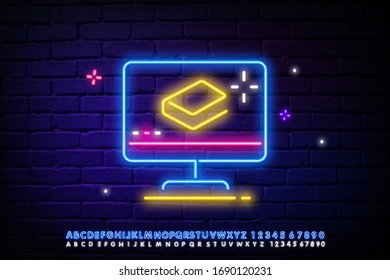 Laptop icon with a book. Glowing laser speech bubble. Neon lights. A banner is an icon with an image of messages. Vector