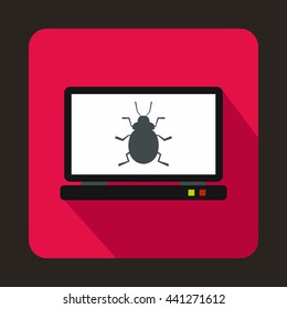 Laptop icon with a bug icon in flat style on a pink background
