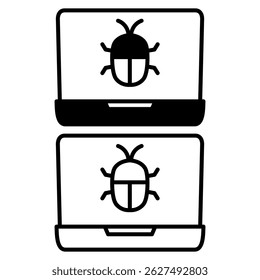 ícone de laptop com bug, estilo simples plana, ilustração, símbolo de logotipo símbolo pictograma modelo, para ui ou ux isolado em branco para aplicativo móvel, editável