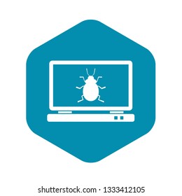 Laptop icon with a bug icon in simple style isolated on white background