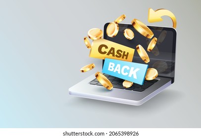 Laptop icon cash back, bonus coin, computer money finance. Vector illustration