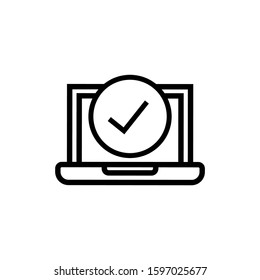 Laptop icon with check sign in lineart style on white background, Notebook icon and approved, confirm, done, tick, completed symbol 