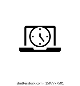 Laptop icon with clock sign in black flat on white background, Notebook icon and countdown, deadline, schedule, planning symbol 