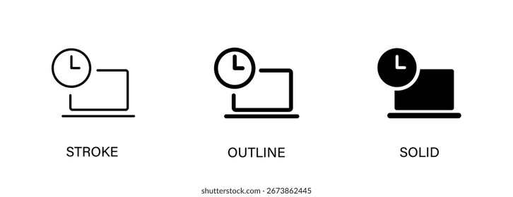 Laptop-Symbol mit Uhr für Zeiteinstellung, Gerät, Technologie, Arbeitszeit. Vektorlinie und stetiges Symbol. EPS10.