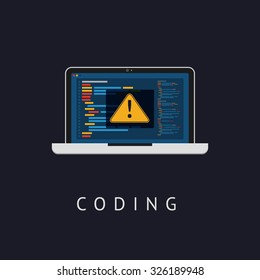 Laptop icon with coding error message. Flat design. Vector illustration. Web developer coding concept.