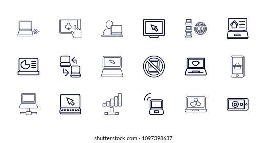 Laptop icon. collection of 18 laptop outline icons such as display, gear on display, chart on display, signal. editable laptop icons for web and mobile.