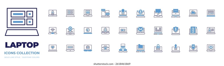 Laptop icon collection. Bold line style. Duotone colors. login, notebook, online payment, chat, wifi, computer, analytics, avatar, like, password, virus, idea.