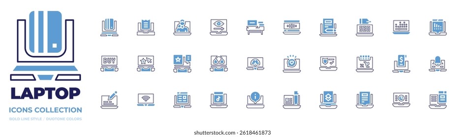 Laptop icon collection. Bold line style. Duotone colors. online shopping, online tax, video conference, view, buy, rating, star, summer sale, blog, wifi, seo.