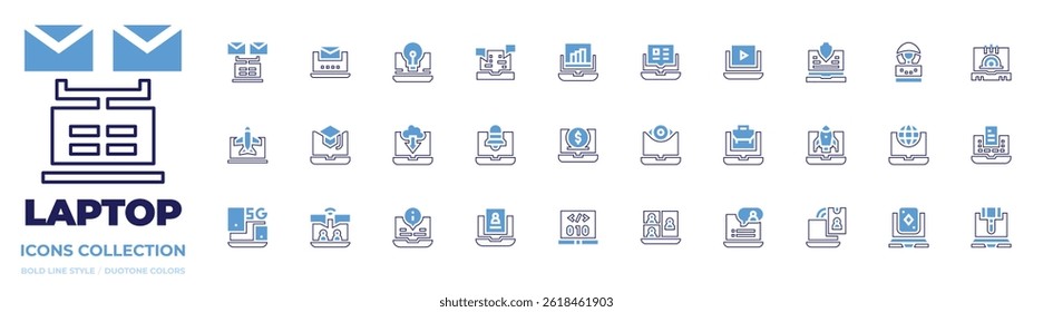 Laptop icon collection. Bold line style. Duotone colors. emails, check mail, idea, chat box, online booking, education, download, notifications, devices.