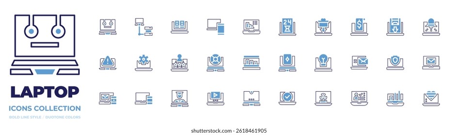 Laptop icon collection. Bold line style. Duotone colors. chatbot, network, online book, laptop, spam, email, responsive, online education, video player.