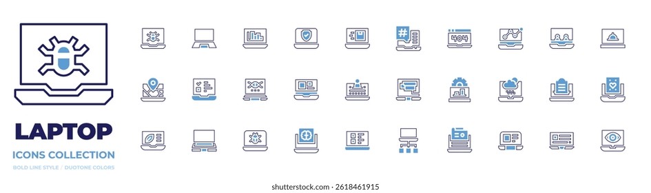 Laptop icon collection. Bold line style. Duotone colors. bug, laptop computer, statistics, security, map, task, dna, laptop, virus, advertisement, influence.