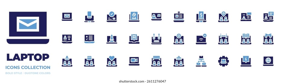 Laptop icon collection. Bold style. Duotone colors. tracking, price list, virtual event, online learning, videocall, no connection, computer, info.