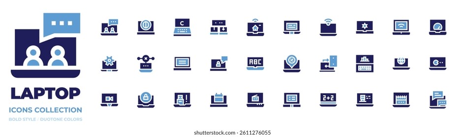 Laptop icon collection. Bold style. Duotone colors. coaching, laptop, hypervisor, security, usb, chat.