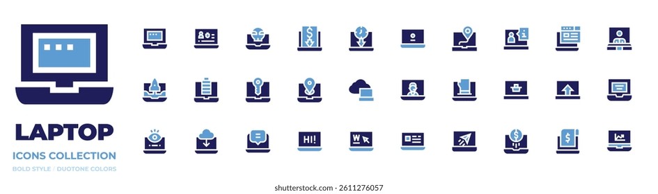 Laptop icon collection. Bold style. Duotone colors. laptop, player, hacked, low price, limited time, startup, battery, location, cloud computing, spy.