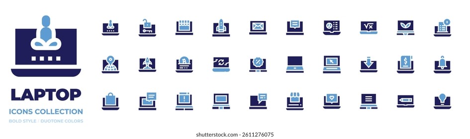 Laptop icon collection. Bold style. Duotone colors. laptop, online shop, startup, ceo, shopping bag, letter, chat, calculate, smart greenhouse, idea.
