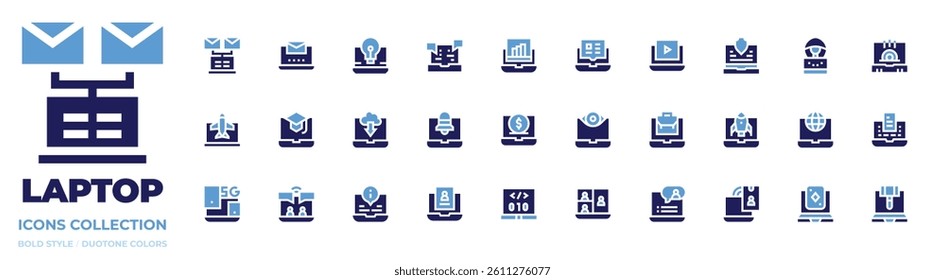 Laptop icon collection. Bold style. Duotone colors. emails, check mail, idea, chat box, online booking, education, download, notifications, devices.