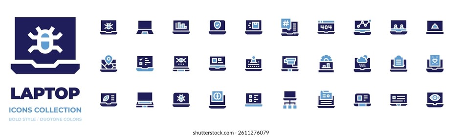 Laptop icon collection. Bold style. Duotone colors. bug, laptop computer, statistics, security, laptop, map, task, dna, influence, virus, advertisement.