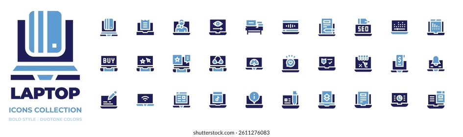 Laptop icon collection. Bold style. Duotone colors. online shopping, online tax, video conference, view, buy, rating, star, summer sale, blog, wifi, seo.
