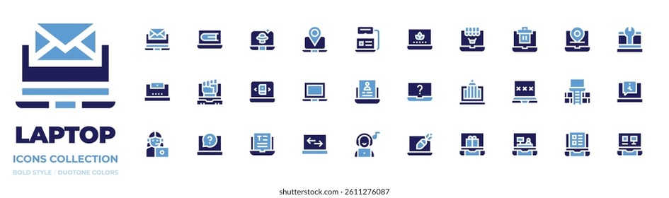 Laptop icon collection. Bold style. Duotone colors. email, online lesson, laptop, webcam, fist, book, computer, application, customer service, text, faq.