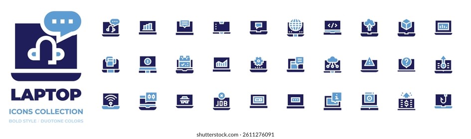 Laptop icon collection. Bold style. Duotone colors. chat, increase, evaluation, laptop, reminder, wifi, rival, hacker, job, globe earth, programming.