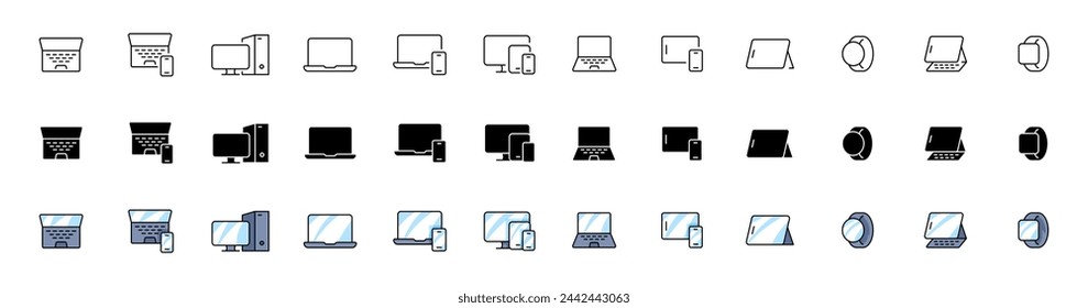 Laptop icon collection. Computer icons. Linear, silhouette and flat style. Vector icons